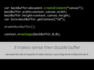var backBuffer=document.createElement(“canvas”);
backBuffer.width=context.canvas.width;
backBuffer.height=context.canvas.height;
var bctx=backBuffer.getContext(“2d”);

drawOnBackBuffer();

context.drawImage(backBuffer,0,0);




        if makes sense then double bu er
decrease the rate of requests to video memory. save a big chunk of data and use it.
 