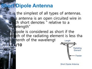 Short Dipole Antenna
• It is the simplest of all types of antennas.
• This antenna is an open circuited wire in
which short denotes “ relative to a
wavelength”
• A Dipole is considered as short if the
length of the radiating element is less tha
n a tenth of the wavelength.
• L<λ/10
•
 