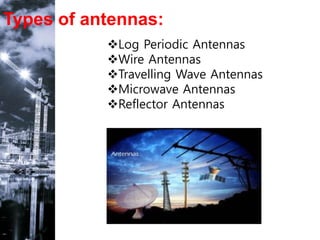 Types of antennas:
Log Periodic Antennas
Wire Antennas
Travelling Wave Antennas
Microwave Antennas
Reflector Antennas
 