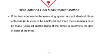 Three antenna Gain Measurement Method
15
• If the two antennas in the measuring system are not identical, three
antennas (a, b, c) must be employed and three measurements must
be made (using all combinations of the three) to determine the gain
of each of the three.
 