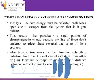 COMPARISON BETWEEN ANTENNAS & TRANSMISSION LINES
• Ideally all incident energy must be reflected back when
open circuit. escapes from the system that is it gets
radiated.
• This occurs But practically a small portion of
electromagnetic energy because the line of force don’t
undergo complete phase reversal and some of them
escapes..
• Also because two wires are too close to each other,
radiation from one tip will cancel radiation from other
tip.( as they are of opposite polarities and distance
between them is too small as compared to wavelength )
G
T Gayatri Assistant Professor
 