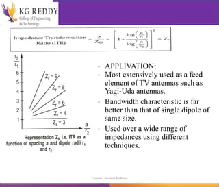 • APPLIVATION:
• Most extensively used as a feed
element of TV antennas such as
Yagi-Uda antennas.
• Bandwidth characteristic is far
better than that of single dipole of
same size.
• Used over a wide range of
impedances using different
techniques.
T Gayatri Assistant Professor
 