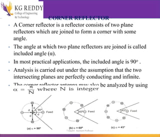 CORNER REFLECTOR
• A Corner reflector is a reflector consists of two plane
reflectors which are joined to form a corner with some
angle.
• The angle at which two plane reflectors are joined is called
included angle (α).
• In most practical applications, the included angle is 90o .
• Analysis is carried out under the assumption that the two
intersecting planes are perfectly conducting and infinite.
• The corner reflector antenna may also be analyzed by using
the method of images for angles.
T Gayatri Assistant Professor
 