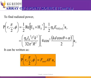 ARRAY OF 2-POINT SOURCE (Cont’d..)
To find radiated power,
   
 
r
r
tot
S
S
S
kd
R
k
I
E
r
a
2
cos
cos
4
32
a
2
1
H
E
Re
2
1
,
2
,
P
2
2
2
2
2
2
0
0
2
0
0
*





 


























It can be written as:
r
unit AF
F
r a
,
2
,
P 








T Gayatri Assistant Professor
 