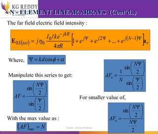N - ELEMENT LINEAR ARRAYS (Cont’d..)
The far field electric field intensity :
 
 
  r
N
j
j
j
jkR
tot
S e
e
e
R
ke
I
j a
E 








 1
2
0
0
0 ...
1
4


Where, 
 

 cos
kd
Manipulate this series to get:





 





 

2
sin
2
sin
N
AF
With the max value as :
  N
AF 
max





 





 

2
sin
2
sin
1
N
N
AFn
For smaller value of,
2
2
sin






 

N
N
AFn
T Gayatri Assistant Professor
 