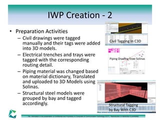 IWP Creation - 2 
• Preparation Activities 
– Civil drawings were tagged 
manually and their tags were added 
into 3D models. 
– Electrical trenches and trays were 
tagged with the corresponding 
routing detail. 
– Piping material was changed based 
on material dictionary, Translated 
and uploaded to 3D Models using 
Solinas. 
– Structural steel models were 
grouped by bay and tagged 
accordingly. 
Civil Tagging In C3D 
Piping Drawing from Solinas 
Structural Tagging 
by Bay With C3D 
The information in this presentation is Confidential and Proprietary to Computers & Communication Technology (CCT). Reproduction or distribution is prohibited. 
 