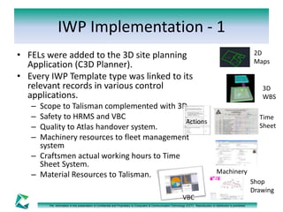 IWP Implementation - 1 
• FELs were added to the 3D site planning 
Application (C3D Planner). 
• Every IWP Template type was linked to its 
relevant records in various control 
applications. 
– Scope to Talisman complemented with 3D. 
– Safety to HRMS and VBC 
– Quality to Atlas handover system. 
– Machinery resources to fleet management 
system 
– Craftsmen actual working hours to Time 
Sheet System. 
– Material Resources to Talisman. 
Actions 
The information in this presentation is Confidential and Proprietary to Computers & Communication Technology (CCT). Reproduction or distribution is prohibited. 
2D 
Maps 
3D 
WBS 
Time 
Sheet 
Machinery 
Shop 
Drawing 
VBC 
 
