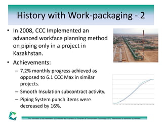 History with Work-packaging - 2 
• In 2008, CCC Implemented an 
advanced workface planning method 
on piping only in a project in 
Kazakhstan. 
• Achievements: 
– 7.2% monthly progress achieved as 
opposed to 6.1 CCC Max in similar 
projects. 
– Smooth Insulation subcontract activity. 
– Piping System punch items were 
decreased by 16%. 
The information in this presentation is Confidential and Proprietary to Computers & Communication Technology (CCT). Reproduction or distribution is prohibited. 
 