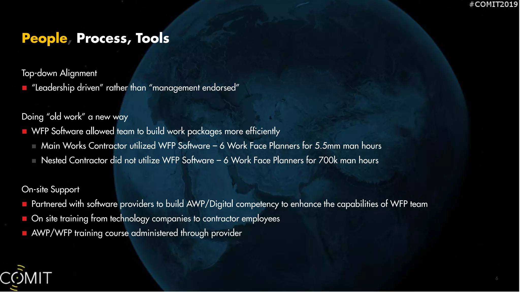 People, Process, Tools
Top-down Alignment
 “Leadership driven” rather than “management endorsed”
Doing “old work” a new way
 WFP Software allowed team to build work packages more efficiently
 Main Works Contractor utilized WFP Software – 6 Work Face Planners for 5.5mm man hours
 Nested Contractor did not utilize WFP Software – 6 Work Face Planners for 700k man hours
On-site Support
 Partnered with software providers to build AWP/Digital competency to enhance the capabilities of WFP team
 On site training from technology companies to contractor employees
 AWP/WFP training course administered through provider
6
 