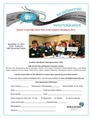 Sponsor a Local High School Team at the Academic WorldQuest 2011!




  November 15, 2011
   5:30 – 9:00 p.m.
 UNF University Center




                                           Academic WorldQuest Table Sponsorship - $250

                                High schools that participated in the past include:
Bartram Trail, Bishop Kenny, Bolles, Episcopal, Fletcher, First Coast, Greenwood, Hilliard Middle-Senior, John Bishop
Snyder, Nathan B. Forrest, Nease, Ponte Vedra, Raines, Ribault, Ridgeview, Sandalwood, Stanton, Wolfson and Yulee

            - Call the Council office at 904-280-8162 to inquire about sponsoring one of these schools -

   To learn more about Academic WorldQuest 2011, visit the Council website at www.worldaffairscounciljax.org
        ------------------------------------------------------------------------------------------------------------------------------------------
                                                      Team Sponsorship ($250/team)

       Total # Teams__________                 Total Amount of Sponsorship$__________                         Check Included:  Yes  No

       Name _________________________________                          School you wish to sponsor__________________________

       Phone Number __________________________                         Email ___________________________________________

       Please charge my credit card:  Visa                         MasterCard                Discover              American Express

       Credit Card Number ____________________________Expiration Date ___________

       Billing Address ____________________________________________

       Signature ________________________________________________
 