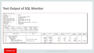 Copyright © 2014 Oracle and/or its affiliates. All rights reserved. |
Text Output of SQL Monitor
 