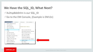 Copyright © 2014 Oracle and/or its affiliates. All rights reserved. |
We Have the SQL_ID, What Next?
4v2tsp8dz0nhn is our SQL_ID
Go to the EM Console, (Example is EM12c)
 
