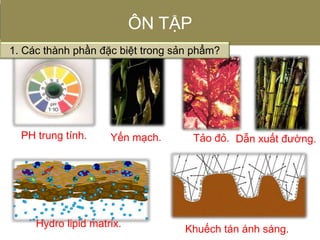 PH trung tính. Yến mạch. Dẫn xuất đường.Tảo đỏ.
Hydro lipid matrix.
Khuếch tán ánh sáng.
ÔN TẬP
1. Các thành phần đặc biệt trong sản phẩm?
 