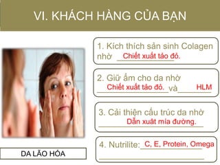 VI. KHÁCH HÀNG CỦA BẠN
DA LÃO HÓA
1. Kích thích sản sinh Colagen
nhờ ____________
2. Giữ ẩm cho da nhờ
_______________và_______
4. Nutrilite:_____________
______________________
3. Cải thiện cấu trúc da nhờ
______________________
Chiết xuất tảo đỏ.
Chiết xuất tảo đỏ. HLM
Dẫn xuât mía đường.
C, E, Protein, Omega
 