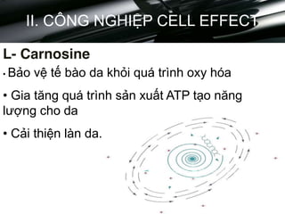 Creme LuXury
II. CÔNG NGHIỆP CELL EFFECT
L- Carnosine
• Bảo vệ tế bào da khỏi quá trình oxy hóa
• Gia tăng quá trình sản xuất ATP tạo năng
lượng cho da
• Cải thiện làn da.
 