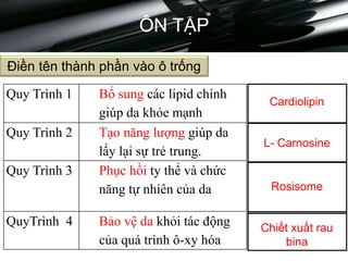 Creme LuXury
ÔN TẬP
Quy Trình 1 Bổ sung các lipid chính
giúp da khỏe mạnh
Quy Trình 2 Tạo năng lượng giúp da
lấy lại sự trẻ trung.
Quy Trình 3 Phục hồi ty thể và chức
năng tự nhiên của da
QuyTrình 4 Bảo vệ da khỏi tác động
của quá trình ô-xy hóa
Điền tên thành phần vào ô trống
Cardiolipin
L- Carnosine
Rosisome
Chiết xuất rau
bina
 