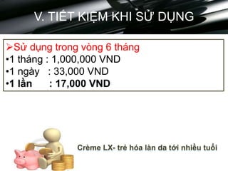 V. TIẾT KIỆM KHI SỬ DỤNG
Sử dụng trong vòng 6 tháng
•1 tháng : 1,000,000 VND
•1 ngày : 33,000 VND
•1 lần : 17,000 VND
Crème LX- trẻ hóa làn da tới nhiều tuổi
 