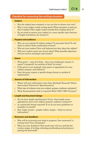5C1-bExploring your subject
Subject
■■ Has the subject been assigned, or are you free to choose your own?
■■ Why is your subject worth writing about? What questions would you
like to explore? How might readers benefit from reading about it?
■■ Do you need to narrow your subject to a more specific topic (because
of length restrictions, for instance)?
Purpose and audience
■■ Why are you writing: To inform readers? To persuade them? To call
them to action? Some combination of these?
■■ Who are your readers? How well informed are they about the subject?
■■ Will your readers resist any of your ideas? What possible objections
will you need to anticipate and counter?
Genre
■■ What genre — type of writing — does your assignment require: A
report? A proposal? An analysis of data? An essay?
■■ If the genre is not assigned, what genre is appropriate for your
subject, purpose, and audience?
■■ Does the genre require a specific design format or method of
organization?
Sources of information
■■ Where will your information come from: Reading? Research? Direct
observation? Interviews? Questionnaires?
■■ What type of evidence suits your subject, purpose, audience, and genre?
■■ What documentation style is required: MLA? APA? CMS (Chicago)?
Length and document design
■■ Do you have length specifications? If not, what length seems
appropriate, given your subject, purpose, audience, and genre?
■■ Is a particular format required? If so, do you have guidelines or
examples to consult?
■■ How might visuals — graphs, tables, images — help you convey
information?
Reviewers and deadlines
■■ Who will be reviewing your draft in progress: Your instructor? A
writing tutor? Your classmates?
■■ What are your deadlines? How much time will you need for the
various stages of writing, including proofreading and printing or
posting the final draft?
Checklist for assessing the writing situation
02_HAC_6676_chC_003-068.indd 5 17/07/14 5:01 pm
 