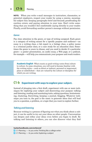 4 C1-b Planning
NOTE:  When you write e-mail messages to instructors, classmates, or
potential employers, respect your reader by using a concise, meaning-
ful subject line; keeping paragraphs brief and focused; proofreading for
careless errors; and paying attention to your tone. Don’t write some-
thing that you wouldn’t feel comfortable saying directly to your reader.
Finally, avoid forwarding another person’s message without permission.
Genre
Pay close attention to the genre, or type of writing assigned. Each genre
is a category of writing meant for a specific purpose and audience — an
essay in a writing class, a lab report in a biology class, a policy memo
in a criminal justice class, or a case study for an education class. Some-
times the genre is yours to choose, and you need to decide if a particular
genre — a poster presentation, an audio essay, a Web page, or a podcast,
for example — will help you communicate your purpose and reach readers.
Academic English  What counts as good writing varies from culture
to culture. In some situations, you will need to become familiar with
the writing styles — such as direct or indirect, personal or impersonal,
plain or embellished — that are valued by the culture or discipline for
which you are writing.
C1-b  Experiment with ways to explore your subject.
Instead of plunging into a first draft, experiment with one or more tech-
niques for exploring your subject and discovering your purpose: talking
and listening, reading and annotating texts, asking questions, brainstorm-
ing, clustering, freewriting, keeping a journal, blogging. Whatever tech-
nique you turn to, the goal is the same: to generate ideas that will lead
you to a question, a problem, or a topic that you want to explore further.
Talking and listening
Because writing is a process of figuring out what you think about a sub-
ject, it can be useful to try out your ideas on other people. Conversation
can deepen and refine your ideas even before you begin to draft. By
talking and listening to others, you can also discover what they find
hackerhandbooks.com/writersref
  C1 Planning  >  As you write: Thinking like a college writer
  C1 Planning  >  As you write: Exploring a subject
02_HAC_6676_chC_003-068.indd 4 17/07/14 5:01 pm
 