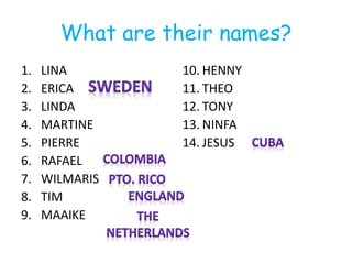 What are their names?
1. LINA
2. ERICA
3. LINDA
4. MARTINE
5. PIERRE
6. RAFAEL
7. WILMARIS
8. TIM
9. MAAIKE
10. HENNY
11. THEO
12. TONY
13. NINFA
14. JESUS
 