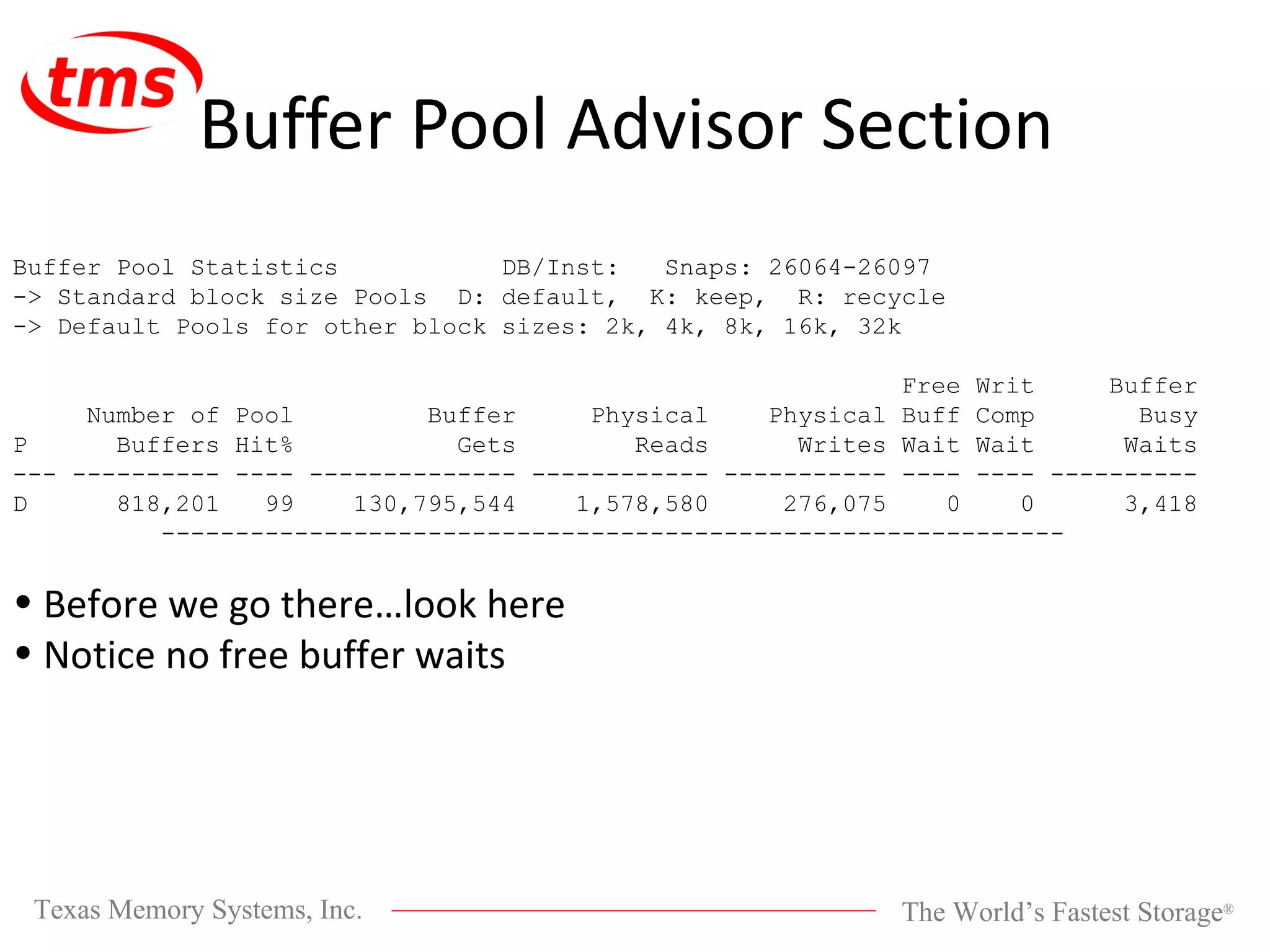 Buffer Pool Advisor Section Buffer Pool Statistics DB/Inst: Snaps: 26064-26097 -> Standard block size Pools D: default, K: keep, R: recycle -> Default Pools for other block sizes: 2k, 4k, 8k, 16k, 32k Free Writ Buffer Number of Pool Buffer Physical Physical Buff Comp Busy P Buffers Hit% Gets Reads Writes Wait Wait Waits --- ---------- ---- -------------- ------------ ----------- ---- ---- ---------- D 818,201 99 130,795,544 1,578,580 276,075 0 0 3,418 ------------------------------------------------------------- Before we go there…look here Notice no free buffer waits 