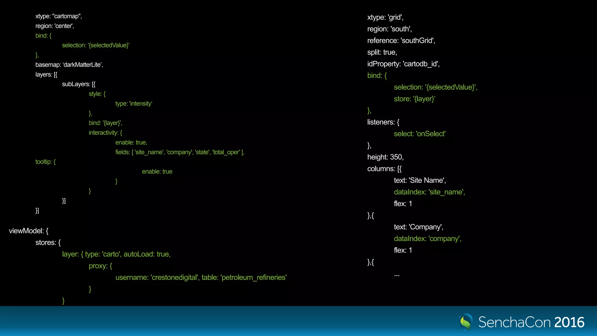 xtype: "cartomap", region: 'center', bind: { selection: '{selectedValue}' }, basemap: ‘darkMatterLite’, layers: [{ subLayers: [{ style: { type: 'intensity‘ }, bind: '{layer}', interactivity: { enable: true, fields: [ 'site_name', 'company', 'state', 'total_oper' ], tooltip: { enable: true } } }] }] viewModel: { stores: { layer: { type: 'carto', autoLoad: true, proxy: { username: 'crestonedigital', table: 'petroleum_refineries' } } xtype: 'grid', region: 'south', reference: 'southGrid', split: true, idProperty: 'cartodb_id', bind: { selection: '{selectedValue}', store: '{layer}‘ }, listeners: { select: 'onSelect' }, height: 350, columns: [{ text: 'Site Name', dataIndex: 'site_name', flex: 1 },{ text: 'Company', dataIndex: 'company', flex: 1 },{ ... 
