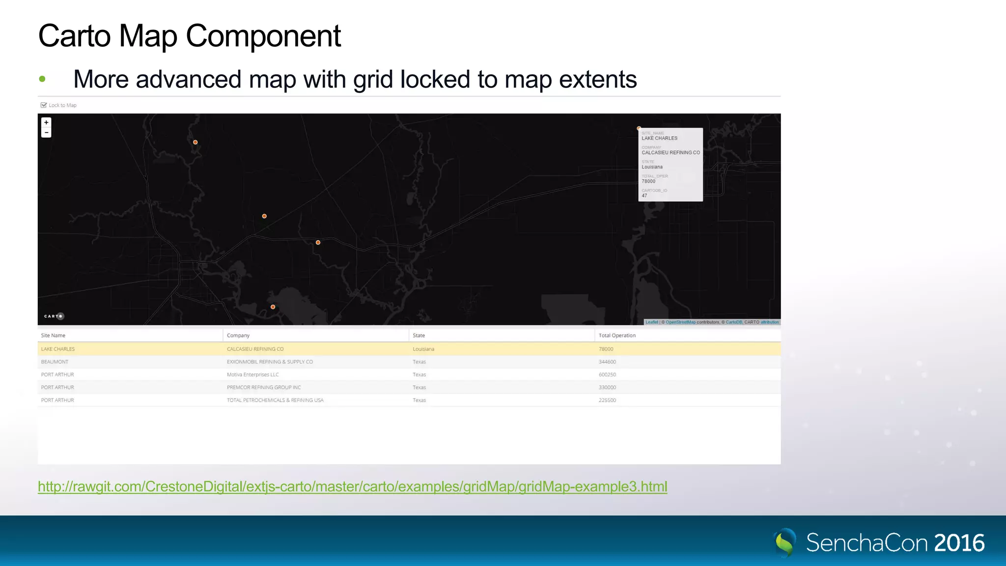 Carto Map Component • More advanced map with grid locked to map extents http://rawgit.com/CrestoneDigital/extjs-carto/master/carto/examples/gridMap/gridMap-example3.html 