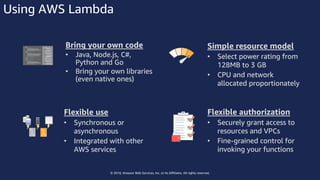 © 2018, Amazon Web Services, Inc. or Its Affiliates. All rights reserved.
Using AWS Lambda
Bring your own code
• Java, Node.js, C#,
Python and Go
• Bring your own libraries
(even native ones)
Simple resource model
• Select power rating from
128MB to 3 GB
• CPU and network
allocated proportionately
Flexible use
• Synchronous or
asynchronous
• Integrated with other
AWS services
Flexible authorization
• Securely grant access to
resources and VPCs
• Fine-grained control for
invoking your functions
 
