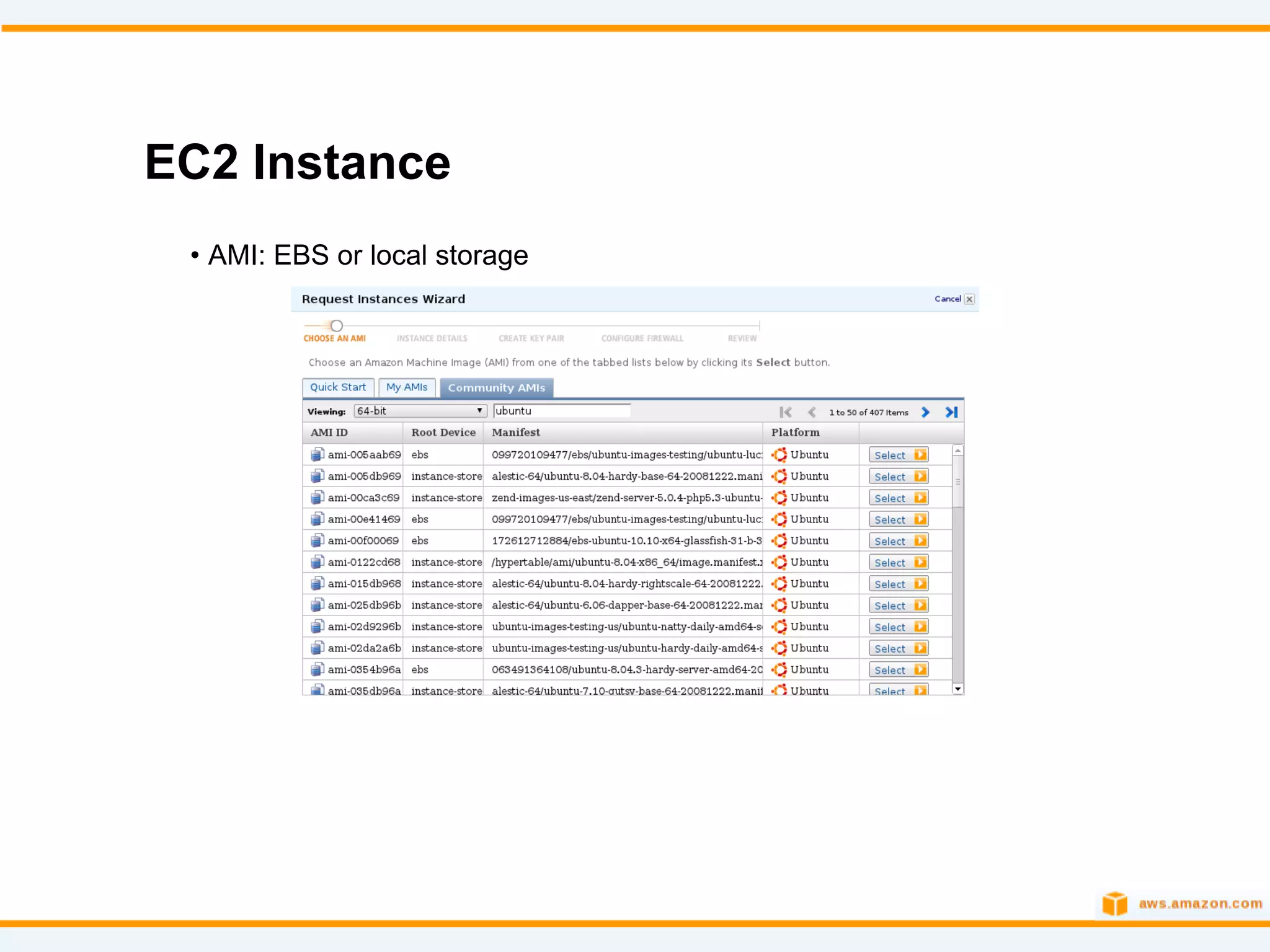 EC2 Instance
 • AMI: EBS or local storage
 