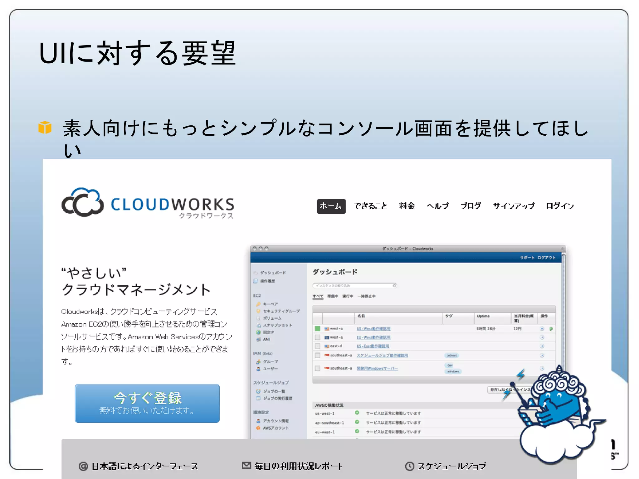 UIに対する要望

素人向けにもっとシンプルなコンソール画面を提供してほし
い
 