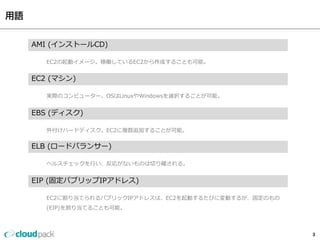 AMI (インストールCD)

   EC2の起動イメージ。稼働しているEC2から作成することも可能。


EC2 (マシン)

   実際のコンピューター。OSはLinuxやWindowsを選択することが可能。


EBS (ディスク)

   外付けハードディスク。EC2に複数追加することが可能。


ELB (ロードバランサー)

   ヘルスチェックを行い、反応がないものは切り離される。


EIP (固定パブリップIPアドレス)

   EC2に割り当てられるパブリックIPアドレスは、EC2を起動するたびに変動するが、固定のもの
   (EIP)を割り当てることも可能。



                                                    3
 