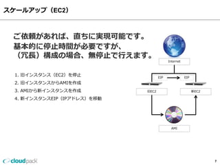 スケールアップ（EC2）‫‏‬



 ご依頼があれば、直ちに実現可能です。
 基本的に停止時間が必要ですが、
 （冗長）構成の場合、無停止で行えます。
                                          Internet



  1. 旧インスタンス（EC2）を停止                EIP              EIP
  2. 旧インスタンスからAMIを作成
  3. AMIから新インスタンスを作成         旧EC2                          新EC2

  4. 新インスタンスEIP（IPアドレス）を移動




                                            AMI




                                                                  7
 