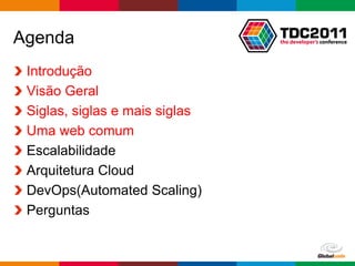 Agenda
 Introdução
 Visão Geral
 Siglas, siglas e mais siglas
 Uma web comum
 Escalabilidade
 Arquitetura Cloud
 DevOps(Automated Scaling)
 Perguntas


                                Globalcode – Open4education
 