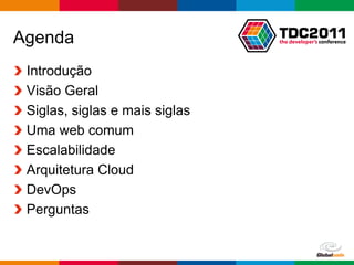 Agenda
 Introdução
 Visão Geral
 Siglas, siglas e mais siglas
 Uma web comum
 Escalabilidade
 Arquitetura Cloud
 DevOps
 Perguntas


                                Globalcode – Open4education
 