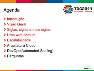 Agenda
 Introdução
 Visão Geral
 Siglas, siglas e mais siglas
 Uma web comum
 Escalabilidade
 Arquitetura Cloud
 DevOps(Automated Scaling)
 Perguntas


                                Globalcode – Open4education
 
