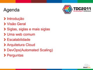 Agenda
 Introdução
 Visão Geral
 Siglas, siglas e mais siglas
 Uma web comum
 Escalabilidade
 Arquitetura Cloud
 DevOps(Automated Scaling)
 Perguntas


                                Globalcode – Open4education
 