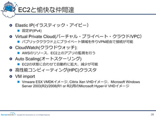 EC2と愉快な仲間達

!   Elastic IP(イラスティック・アイピー）
    n  固定IP(IPv4)
!   Virtual Private Cloud(バーチャル・プライベート・クラウド/VPC）
    n  パブリッククラウド上にプライベート領領域を作りVPN経由で接続が可能
!   CloudWatch(クラウドウォッチ):
    n  AWSのリソース、EC2上のアプリの監視を⾏行行う
!   Auto Scaling(オートスケーリング)
    n  EC2の状態に合わせて⾃自動的に拡⼤大、減少が可能
!   ⾼高性能コンピィーティング(HPC)クラスタ
!   VM import
    n  Vmware ESX VMDKイメージ, Citirix Xen VHDイメージ、Microsoft Windows
        Server 2003(R2)/2008(R1 or R2)⽤用のMicrosoft Hyper-V VHDイメージ




    Copyright 2012 Serverworks Co, Ltd. All Rights Reserved.         28
 