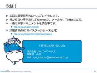 次は！

!   次回は概要説明のロールプレイをします。
!   分からない事があればYammerか、メールか、Twitterなどで。
!   ⼀一番は本家ドキュメントを読む事です。
  n  http://aws.amazon.com/jp/
!   詳細資料料(特にマイスターシリーズ必⾒見見）
  n  http://www.slideshare.net/kentamagawa




                                                             本資料料のお問い合わせ先

                                             株式会社サーバーワークス
                                             営業部 　⼩小室
                                             Mail : aya_komuro@serverworks.co.jp




  Copyright 2012 Serverworks Co, Ltd. All Rights Reserved.                         35
 