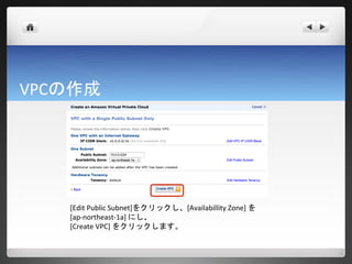 VPCの作成




   [Edit Public Subnet]をクリックし、[Availabillity Zone] を
   [ap-northeast-1a] にし、
   [Create VPC] をクリックします。
 