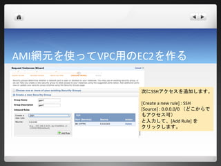 AMI網元を使ってVPC用のEC2を作る


              次にSSHアクセスを追加します。

              [Create a new rule] : SSH
              [Source] : 0.0.0.0/0 （どこからで
              もアクセス可）
              と入力して、[Add Rule] を
              クリックします。
 