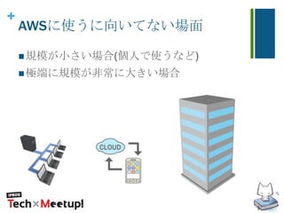 +
AWSに使うに向いてない場面
規模が小さい場合(個人で使うなど)
極端に規模が非常に大きい場合
 