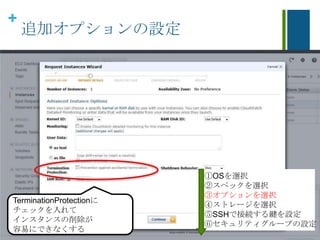 +
追加オプションの設定
TerminationProtectionに
チェックを入れて
インスタンスの削除が
容易にできなくする
①OSを選択
②スペックを選択
③オプションを選択
④ストレージを選択
⑤SSHで接続する鍵を設定
⑥セキュリティグループの設定
 