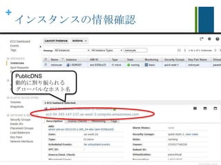 +
インスタンスの情報確認
PublicDNS
動的に割り振られる
グローバルなホスト名
 