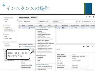 +
インスタンスの操作
起動、停止、削除
などができる
 