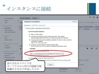 +
インスタンスに接続
表示されるコマンドを
ターミナルから叩けば接続可能
※鍵はさきほど作成したもの
 