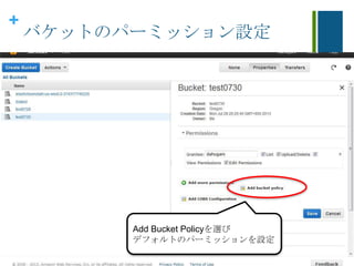 +
バケットのパーミッション設定
Add Bucket Policyを選び
デフォルトのパーミッションを設定
 