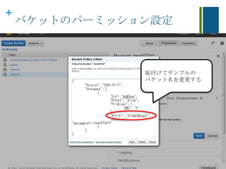 +
バケットのパーミッション設定
貼付けてサンプルの
バケット名を変更する
 