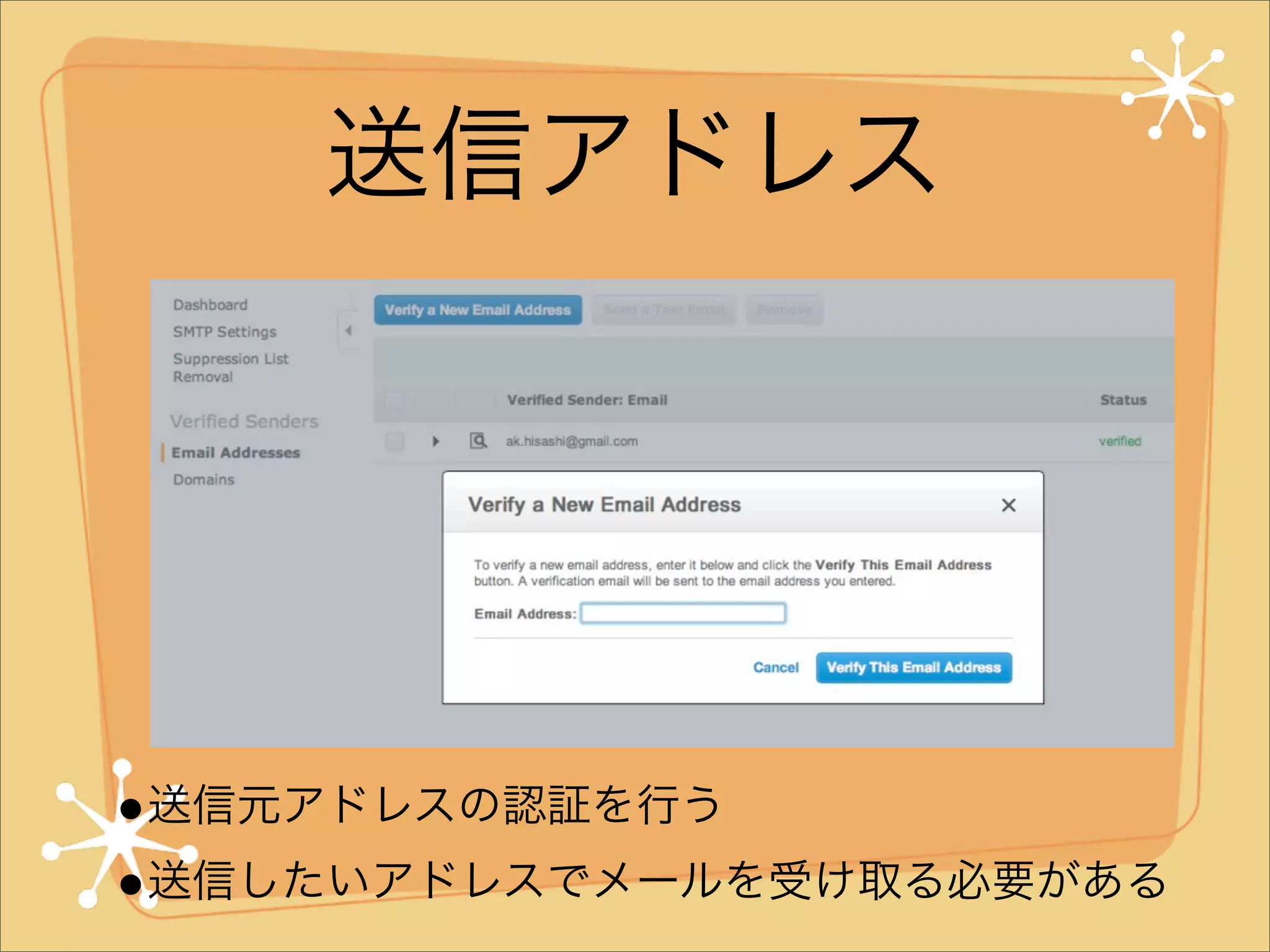 送信アドレス

•送信元アドレスの認証を行う
•送信したいアドレスでメールを受け取る必要がある

 