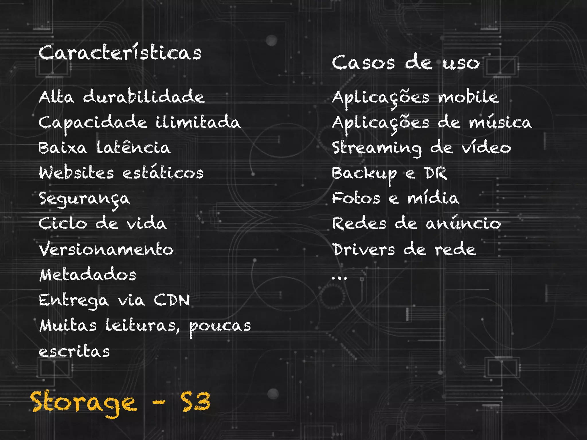 Storage – S3
Alta durabilidade
Capacidade ilimitada
Baixa latência
Websites estáticos
Segurança
Ciclo de vida
Versionamento
Metadados
Entrega via CDN
Muitas leituras, poucas
escritas
Aplicações mobile
Aplicações de música
Streaming de vídeo
Backup e DR
Fotos e mídia
Redes de anúncio
Drivers de rede
…
Características
Casos de uso
 