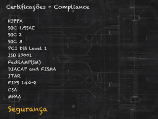 Segurança
Certificações - Compliance
HIPPA
SOC 1/SSAE
SOC 2
SOC 3
PCI DSS Level 1
ISO 27001
FedRAMP(SM)
DIACAP and FISMA
ITAR
FIPS 140-2
CSA
MPAA
 